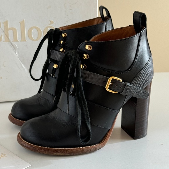 Chloe ankle boots black two tone lace up belted Bernie shoes Women's sz 5.5 us - Picture 4 of 10